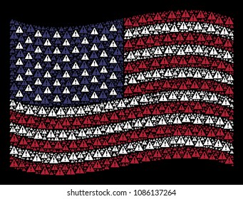Warning symbols are combined into waving United States flag abstraction on a dark background. Vector concept of American state flag is done of warning elements.