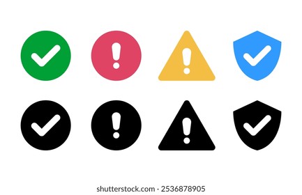 Conjunto de símbolos de advertencia e iconos de seguridad. Marca de verificación, signo de exclamación y escudo en color y Ilustración vectorial de estilo plano negro.