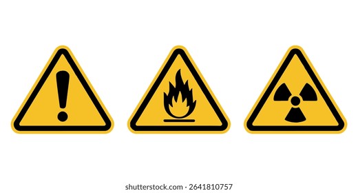 Warning Symbols Set – General, Flammable, Radioactive Hazard Icons – Vector Sign Pack