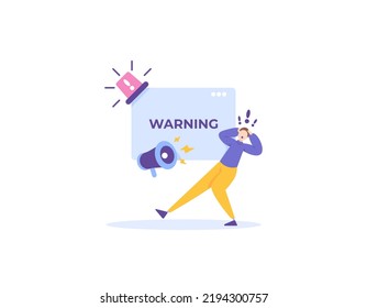 a warning system, a hazard sign or alarm. system error notification. a man was surprised and panicked because he got a warning message. technology. illustration concept design. graphic elements