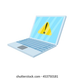 Warning system on laptop icon in cartoon style isolated on white background. Technique symbol