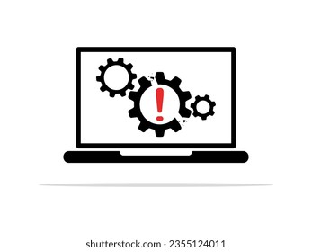 Warning of system problems. Broken gear with exclamation mark icon on laptop