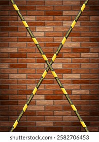 Warning tape on bricks background. Vector illustration.