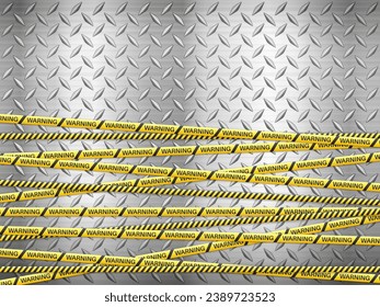 Warning tape on metal background. Vector illustration.