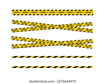 Warning tape on white background. Black and yellow line striped. Caution and danger tapes. Vector illustration