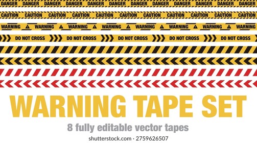 Warning tape set with 8 fully editable vector designs including danger, caution, and chevron styles. Ideal for construction, safety, and alert-themed graphic projects.
