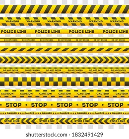 Warning tape set. Isolated yellow danger caution tape icons. Safety warning tape collection. Attention barrier police stop line sign vector illustration