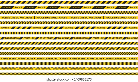 Warning tape. Set of vector police lines. Black and yellow notification tapes to enclose a dangerous area or crime scene. Seamless pattern. 