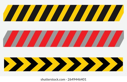Warning Tape Set of Yellow, Red, and Black Diagonal Stripe Lines for Caution, Hazard, and Safety Use, Vector Style on White Background