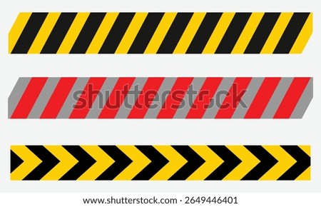 Warning Tape Set of Yellow, Red, and Black Diagonal Stripe Lines for Caution, Hazard, and Safety Use, Vector Style on White Background