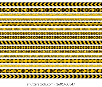 Warning Tape. Yellow And Black. Danger Tape. Stripe Border Set. Caution Tape. Yellow Attention Ribbon. Warning Signs. Caution Lines Isolated. Vector Illustration. Sign Stop Virus.