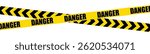 Warning tape with yellow and black diagonal stripes. Yellow and black caution tape border. Long danger ribbon. Warn stop seamless line.