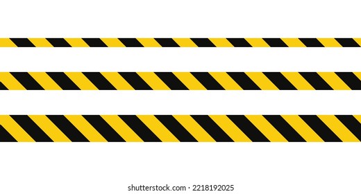 Warning tape with yellow and black diagonal stripes. Warn stop seamless line. Yellow and black caution tape border. Long danger ribbon.Vector illustration on white background.