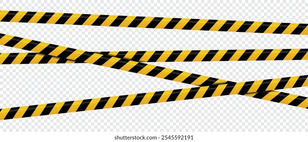 Warning tape with yellow and black diagonal stripes. Warning tape and police line. Warning danger tape. Restriction tape. Seamless line. Vector illustration