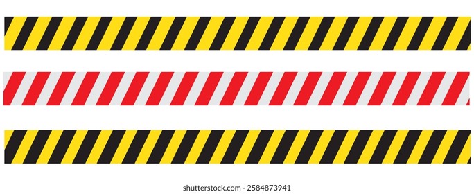 Warning tape with yellow and black diagonal stripes. Warn stop seamless line. Yellow and black caution tape border. Long danger ribbon. Vector illustration on white background.