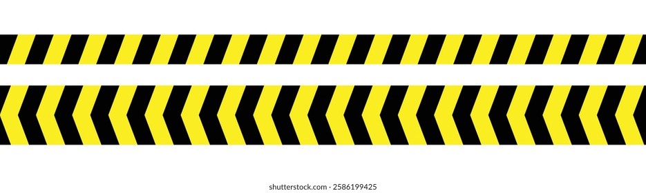 Warning tape with yellow and black diagonal stripes.  Danger Caution or Alert Risk Warning Vector Symbol. Police line and do not cross ribbons. Abstract warning lines for police, accident tape symbol.