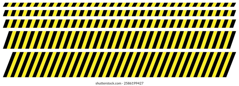 Warning tape with yellow and black diagonal stripes.  Danger Caution or Alert Risk Warning Vector Symbol. Police line and do not cross ribbons. Abstract warning lines for police, accident tape symbol.