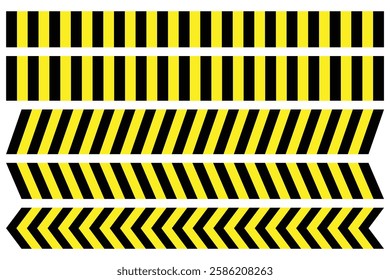 Warning tape with yellow and black diagonal stripes. Black and yellow restriction line. Do not cross boundary tape. Safety stripe warning caution. Warning label, warning tape, danger signs vector.
