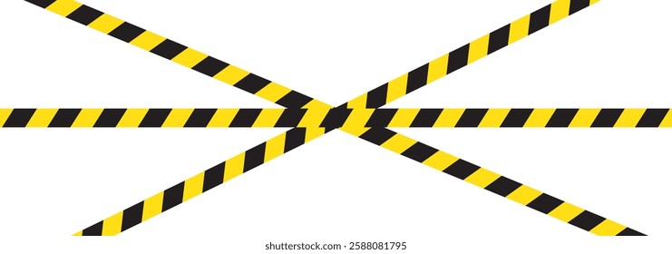 Warning tape with yellow and black diagonal stripes. Warn stop seamless line. Yellow and black caution tape border.  Long danger ribbon. Vector illustration on white background. eps 10