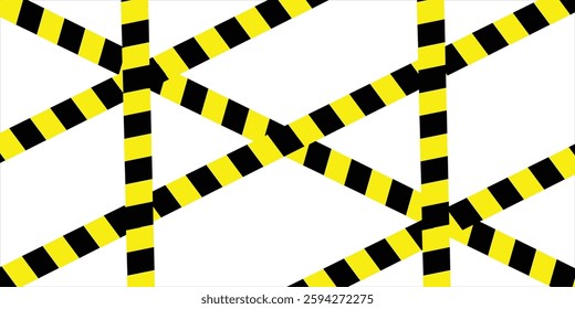 Warning tape with yellow and black diagonal stripes. Warn stop seamless line. Yellow and black caution tape border. Long danger ribbon.