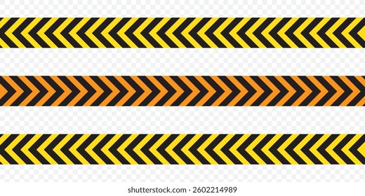 Warning tape with yellow and black diagonal stripes. Warn stop seamless line. Yellow and black caution tape border. EPS 10.