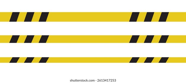 Warning tape with yellow and black diagonal stripes. Warn stop seamless line. Yellow and black caution tape border.