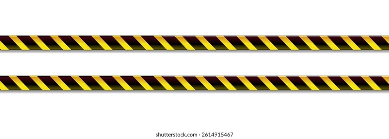 Warning tape with yellow and black diagonal stripes. Warn stop seamless line. Yellow and black caution tape border.
