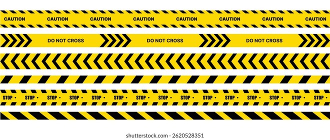 Warning tape with yellow and black diagonal stripes. Yellow and black caution tape border. Long danger ribbon. Warn stop seamless line.
