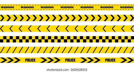 Warning tape with yellow and black diagonal stripes. Yellow and black caution tape border. Long danger ribbon. Warn stop seamless line.