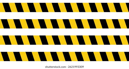 Warning tape with yellow and black diagonal stripes. Warn stop seamless line. Yellow and black caution tape border. eps10
