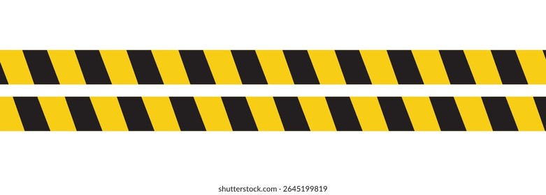 Warning tape with yellow and black diagonal stripes. Warn stop seamless line. Yellow and black caution tape border.