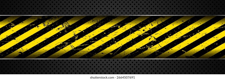 Warning tape with yellow and black diagonal stripes. Warn stop seamless line. Yellow and black caution tape border.