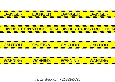 Warning tape with yellow and black pattern stripes in graphic vector illustration on white background, Caution tape border and safety stripe with message " Under construction " and " Danger"