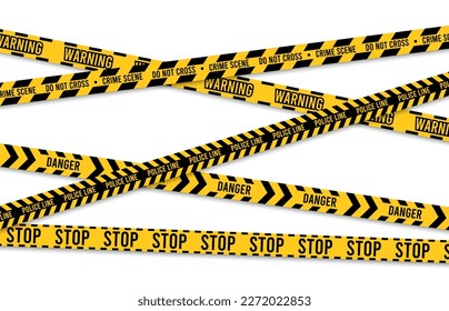 Warning tape. Yellow police crime scene cross stripes, danger zone designation and security border sign, accident perimeter elements. Vector set of danger scene barrier, tape safety illustration