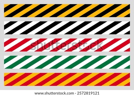 Warning tape in yellow red black green white diagonal stripes line, caution hazard danger road, attention safety stripe warning, warn stop seamless line, stretched caution line