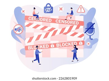 Warning tapes with censorship label. Censored info concept. Censure pixelation effect and blur. Sensitive content. Modern flat cartoon style. Vector illustration on white background
