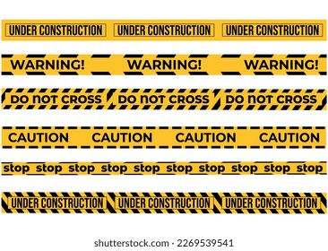 Cintas de advertencia preparadas para construcción y crimen. Ilustración vectorial. Cintas de advertencia de seguridad amarillas establecidas Precaución