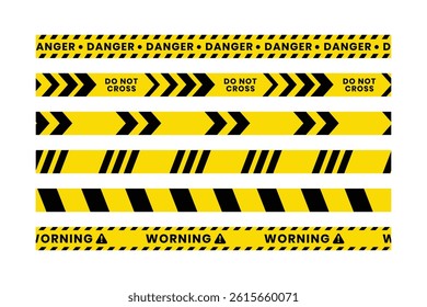 warning tapes in yellow and black. An industrial safety warning tape set, designed for industrial safety, roadwork, construction, and hazard zones. Caution tape set of yellow warning ribbons