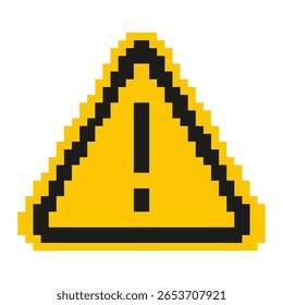 Warning templates in pixel art style. Yellow alert silhouettes. Exclamation mark, hazard sign, labels. Isolated on white background.