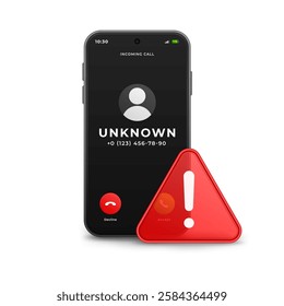 Warning that an incoming call from an unknown number may be dangerous, possibly spam or a scammer. Mobile phone with a warning sign.