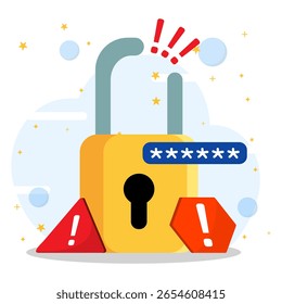 Aviso de que a senha foi invadida e vazada. Cadeado quebrado com ponto de exclamação.