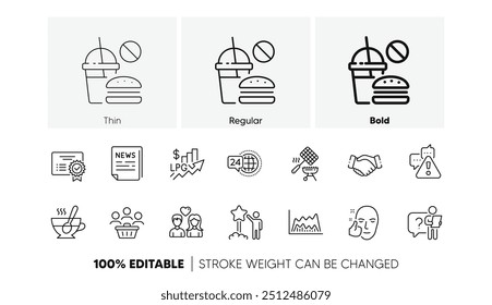 Advertencia, gráfico comercial e iconos de línea de taza de té. Paquete de certificado, cara saludable, icono de comida rápida. Apretón de manos, cesta de la parrilla, pictograma de servicio 24h. Empleado de la Búsqueda, compradores, aumentar el Precio. Estrella. Vector