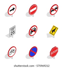 Iconos de signos de tráfico de advertencia establecidos. Isomtric 3d ilustración 9 iconos vectoriales de señales de tráfico de advertencia para web