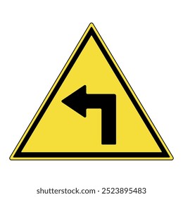 Warnverkehrszeichen. Gelbes Dreieck-Warnzeichen mit dem Symbol links abbiegen. Warnblinklicht. Vorsicht bei Straßenschildern. Biegen Sie links ab Mark. Einzeln auf weißem Hintergrund