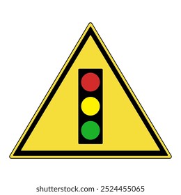Warning traffic sign. Yellow triangle warning sign with traffic light mark symbol. Traffic light signs. Hazard warning attention sign. road sign caution. Isolated on white background