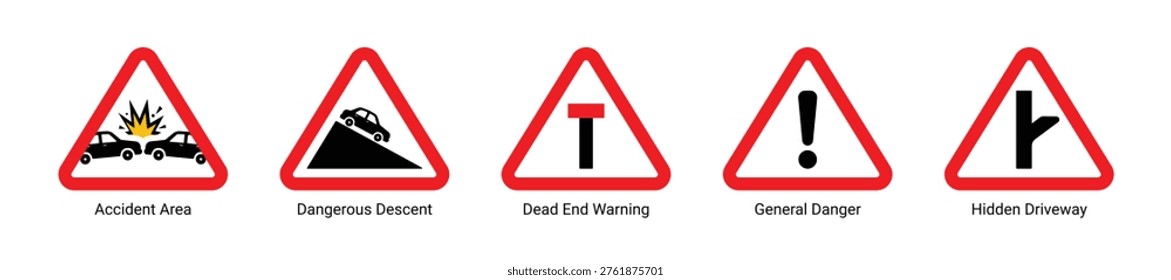warning traffic signs set triangle red border road safety hazard symbol vector icons
