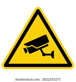 Warning triangle displaying surveillance camera symbol indicating monitored security area for safety protection observation controlled access industrial facilities public spaces and informational signage applications everywhere.