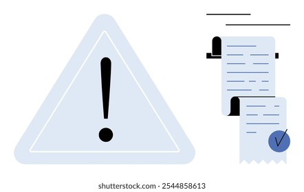 A warning triangle with an exclamation mark beside two checkmarked documents. Ideal for safety warnings, documentation processes, compliance checks, risk management, and administrative tasks. Modern