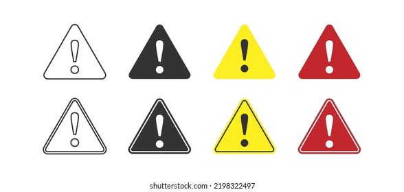 Warning. A triangle with an exclamation mark. A sign of attracting attention. A set of warning signs with an empty outline and a filled silhouette. Flat style.