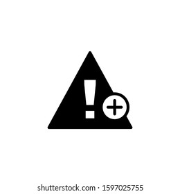 Warning triangle icon in black flat on white background, Error, alert, problem, failure icon with add sign, Warning triangle icon and new, plus, positive symbol